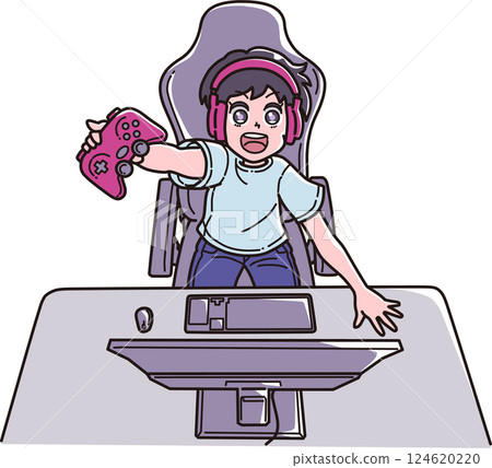 一個男孩在電腦上玩遊戲的插圖 124620220
