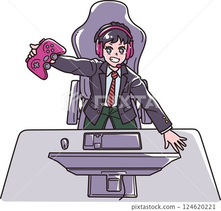 一名學生在電腦上玩遊戲的插圖 124620221
