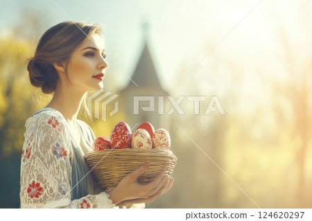 Elegant young woman with painted Easter eggs basket in hands, dressed in ethnic blouse. Copy space. 124620297