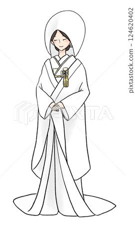 Illustration of a woman wearing a white kimono with a cotton hat Illustration of a woman wearing a white kimono with a cotton hat 124620402