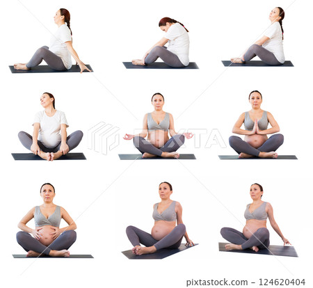Pregnant woman is engaged in yoga. Butterfly Pose or Baddha Konasana 124620404