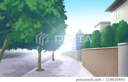 Anime-style suburban street with trees, bushes, and modern buildings in the background. A peaceful and sunny urban walkway illustration. 124620443