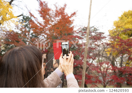 Woman photographing autumn leaves with smartphone 124620593