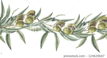 Green olive branches watercolor seamless border. Hand drawn isolated floral banner with Greek traditional tree, summer italian motif background for kitchen utensils,textile,fabric,wallpaper design Green olive branches watercolor seamless border. Hand drawn isolated floral banner with Greek traditional tree, summer italian motif background for kitchen utensils,textile,fabric,wallpaper design 124620687