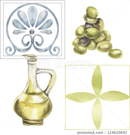 Greek ancient ornament watercolor seamless pattern with floral mosaic, olives bunch and oil glass jug illustrations. Geometric hand drawn background,italian style clipart for wallpaper,kitchen design Greek ancient ornament watercolor seamless pattern with floral mosaic, olives bunch and oil glass jug illustrations. Geometric hand drawn background,italian style clipart for wallpaper,kitchen design 124620693