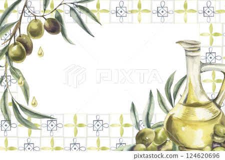 Greek ornament and food watercolor banner template with ancient floral mosaic,olive oil glass jug,olives bunch branches illustration.Botanical frame,spain modern clipart for home decor,packing design Greek ornament and food watercolor banner template with ancient floral mosaic,olive oil glass jug,olives bunch branches illustration.Botanical frame,spain modern clipart for home decor,packing design 124620696