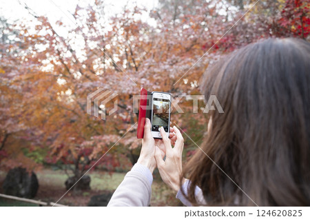 Woman photographing autumn leaves with smartphone 124620825