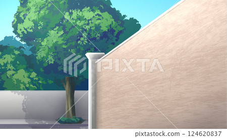 Anime style urban background with a beige wall and lush green trees. 124620837
