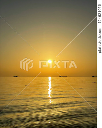 Silhouettes of ships on the horizon of the sea at sunset Silhouettes of ships on the horizon of the sea at sunset 124621056