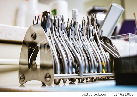 Sterilized orthodontic instruments prepared for dental treatment 124621093