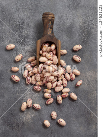 Wooden scoop full of dried pinto beans on gray top view. Traditional Latin American legumes 124621222