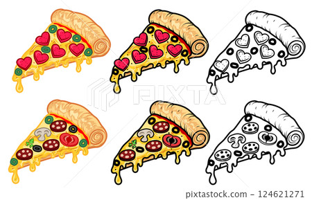 crispy pizza slice cut freshly baked with sausage, tomatoes, olives, mushrooms and cheese vector illustration 124621271