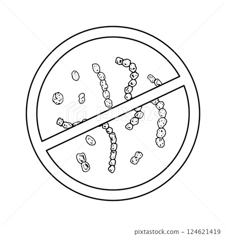 Vector illustration of an antifungal and antimicrobial sign in black and white. Features a prohibition symbol against bacteria, fungi and germs, emphasizing hygiene, infection prevention, sanitation 124621419