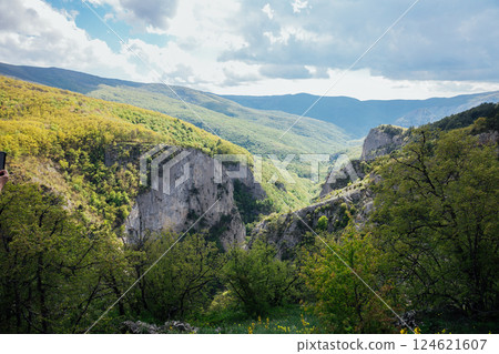 Beautiful landscape from the top of the mountain to the forest and sky with clouds 124621607