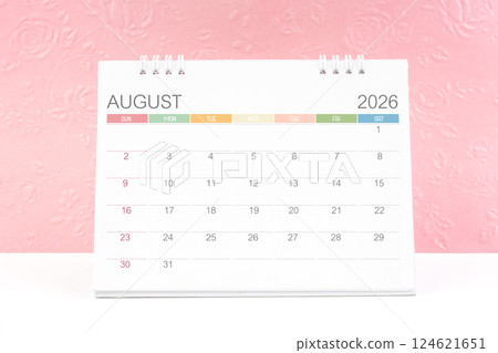 August 2026, Desk calendar with pink color flower pattern embossed. August 2026, Desk calendar with pink color flower pattern embossed. 124621651