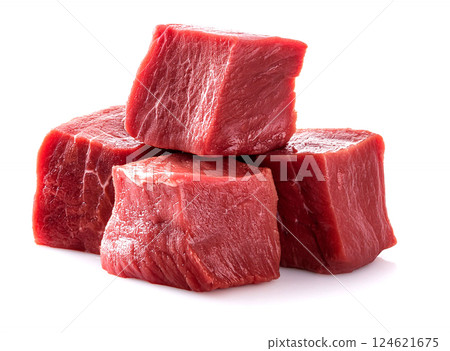 Lean beef cut into squares. White background. 124621675