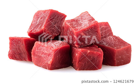 Lean beef cut into squares. White background. 124621679