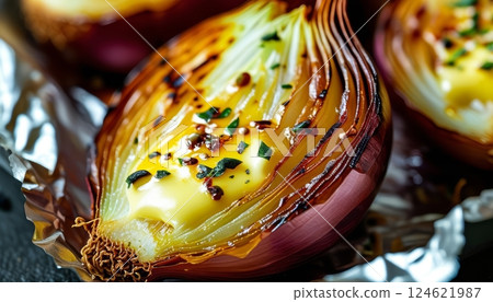 Baked red onion with melted butter and spices in foil, closeup of savory roasted vegetable dish 124621987