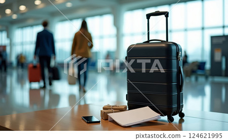 Modern airport terminal with travel luggage and boarding documents on table, travelers walking with suitcases 124621995