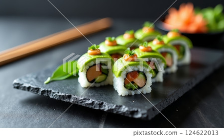 Fresh avocado sushi rolls with salmon and vegetables on stone plate, gourmet Japanese food 124622013