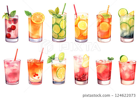 Set of Mojito tropical cocktails. Hand drawn watercolor summer refreshing alcoholic drink set. 124622073