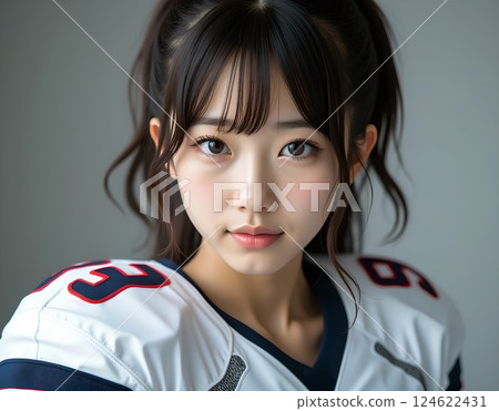 Portrait of an American football player in a white uniform 124622431