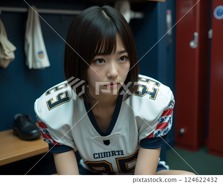 美式足球員坐在更衣室的椅子上，目光移開 124622432