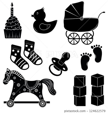 a set of isolated children's elements in silhouette, black icons icons 124622579