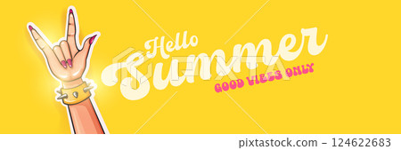 Hello Summer Rock On Vector Female Hand with Devil Horns, Spiked Bracelet and Pink Nails on Yellow Background with Good Vibes Only Text, Cheerful Summer Design 124622683