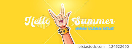 Hello Summer Rock On Vector Female Hand with Devil Horns, Spiked Bracelet and Pink Nails on Yellow Background with Good Vibes Only Text, Cheerful Summer Design 124622690