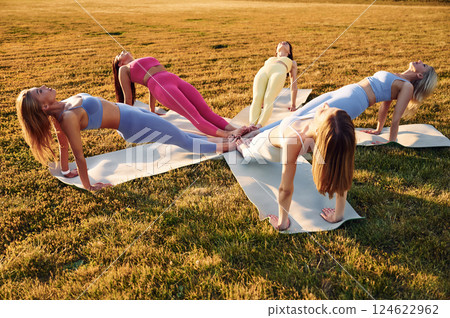 Doing upward plank. Group of women have fitness outdoors on the field together 124622962
