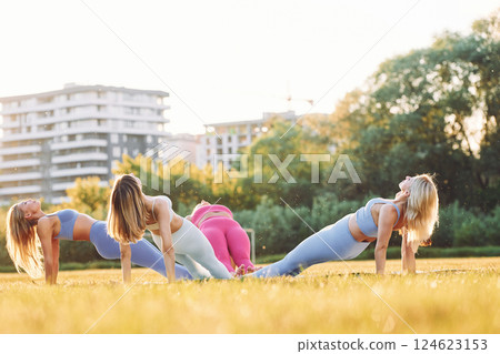 Group of women have fitness outdoors on the field together 124623153