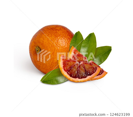 Red blood orange and slices with leaf isolated with clipping path. 124623199