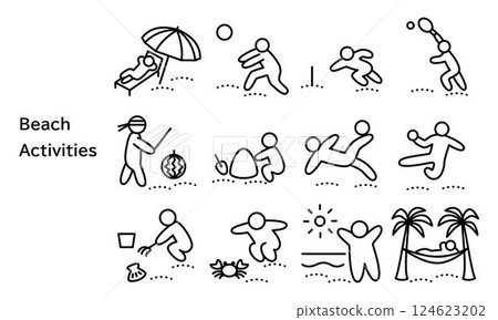 夏日海灘上玩耍的人的簡單圖標集 夏日海灘上玩耍的人的簡單圖標集 124623202