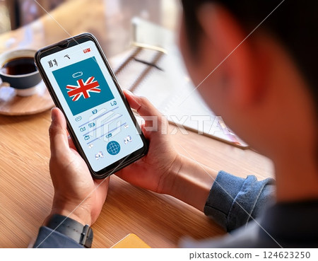 People learning English on smartphones: AI-generated 124623250