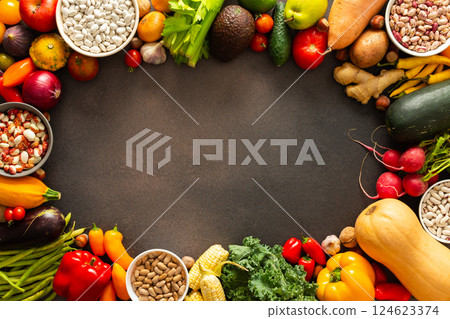 A frame of ripe fresh organic seasonal vegetables from an autumn farm harvest, organic seasonal vegetables 124623374