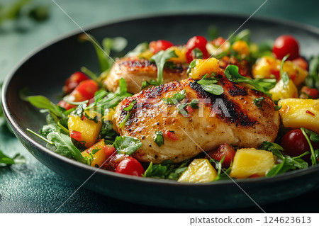 Grilled chicken with pineapple and herb topping 124623613