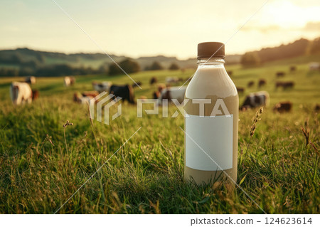 Glass bottle filled with milk stands on grassy field with grazing cows in background Glass bottle filled with milk stands on grassy field with grazing cows in background 124623614