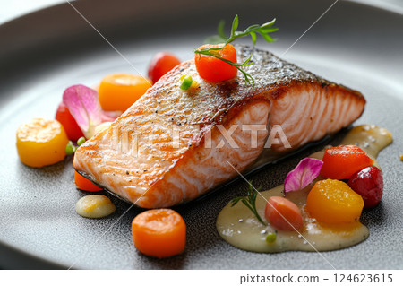 Cooked salmon fillet with vegetables 124623615