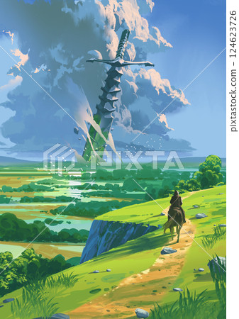 Epic Horseback Journey Toward Colossal Sword 124623726