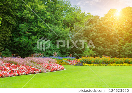 garden with a Beautiful flowerbed, green meadow and bright sunrise . garden with a Beautiful flowerbed, green meadow and bright sunrise . 124623930