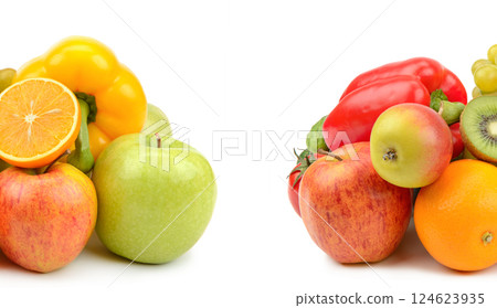 Fruits and vegetables isolated on a white background. There is free space for text. Collage. 124623935