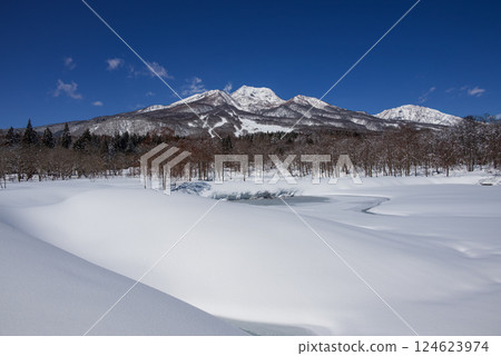 妙高高原一個晴朗的冬日,白雪皚皚。結冰的伊守池和白雪皚皚的妙高山 妙高高原一個晴朗的冬日,白雪皚皚。結冰的伊守池和白雪皚皚的妙高山 124623974