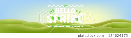 Hello Spring Green Hills Vector Lush Landscape with Cheerful Typography, Bright Seasonal Design for Springtime Greetings and Nature-Themed Projects 124624173