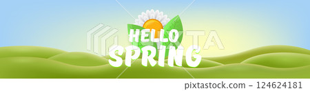 Hello Spring Green Hills Vector Lush Landscape with Cheerful Typography, Bright Seasonal Design for Springtime Greetings and Nature-Themed Projects Hello Spring Green Hills Vector Lush Landscape with Cheerful Typography, Bright Seasonal Design for Springtime Greetings and Nature-Themed Projects 124624181