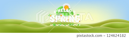 Hello Spring Green Hills Vector Lush Landscape with Cheerful Typography, Bright Seasonal Design for Springtime Greetings and Nature-Themed Projects Hello Spring Green Hills Vector Lush Landscape with Cheerful Typography, Bright Seasonal Design for Springtime Greetings and Nature-Themed Projects 124624182