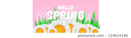 Hello spring pink and white horizontal banner with text and flowers. hello spring slogan or label isolated on pink background. Springtime banner, corner , sticker and header Hello spring pink and white horizontal banner with text and flowers. hello spring slogan or label isolated on pink background. Springtime banner, corner , sticker and header 124624190