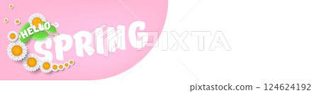 Hello spring pink and white horizontal banner with text and flowers. hello spring slogan or label isolated on pink background. Springtime banner, corner , sticker and header Hello spring pink and white horizontal banner with text and flowers. hello spring slogan or label isolated on pink background. Springtime banner, corner , sticker and header 124624192