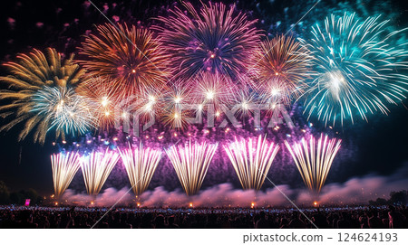 Japanese summer festival fireworks. Independence Day fireworks. New Year countdown fireworks Japanese summer festival fireworks. Independence Day fireworks. New Year countdown fireworks 124624193