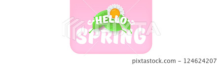 Hello spring pink and white horizontal banner with text and flowers. hello spring slogan or label isolated on pink background. Springtime banner, corner , sticker and header 124624207